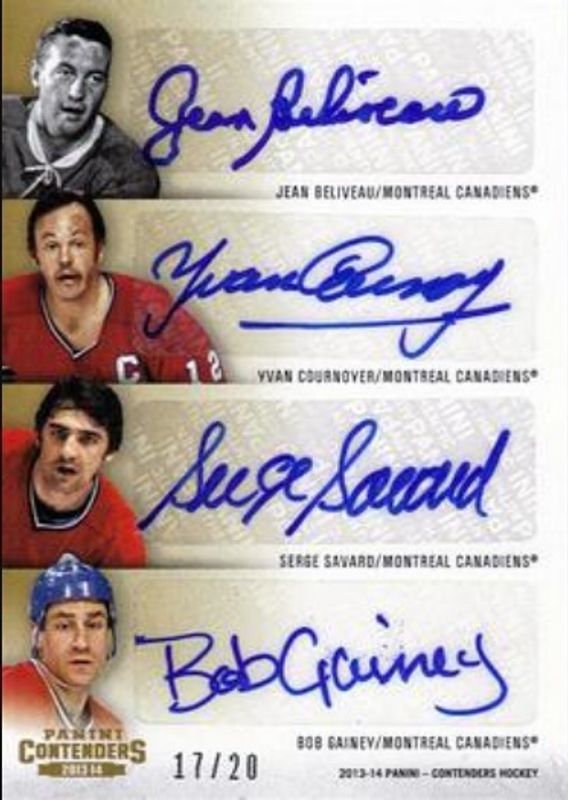 Bob Gainey / Brian Gionta / Chris Chelios / Jean Beliveau / Pierre Turgeon / Saku Koivu / Serge Savard / Yvan Cournoyer 2013 Contenders #C8-CPT Eights Autographs - Gold /20 RAW