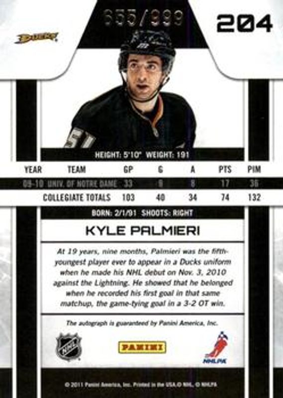 Kyle Palmieri 2010 Zenith #204 Base /999 Rookie RAW