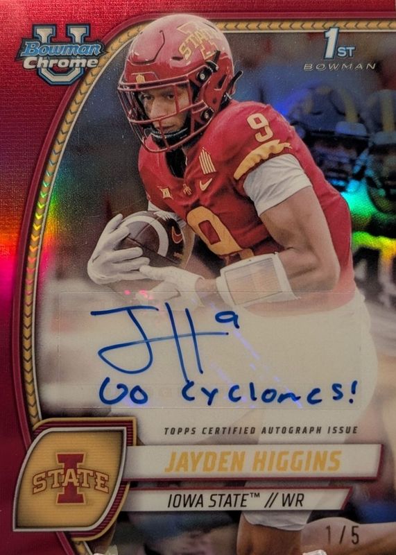 Jayden Higgins 2024 Bowman Chrome University #PA-JHI Prospect Auto - Red Refractor /5 (1st) RAW