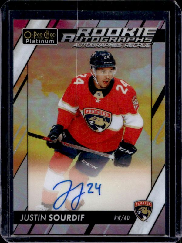 Justin Sourdif 2024 O-Pee-Chee Platinum #R-SO 2023-24 Update Rookie Auto - Sunset RAW