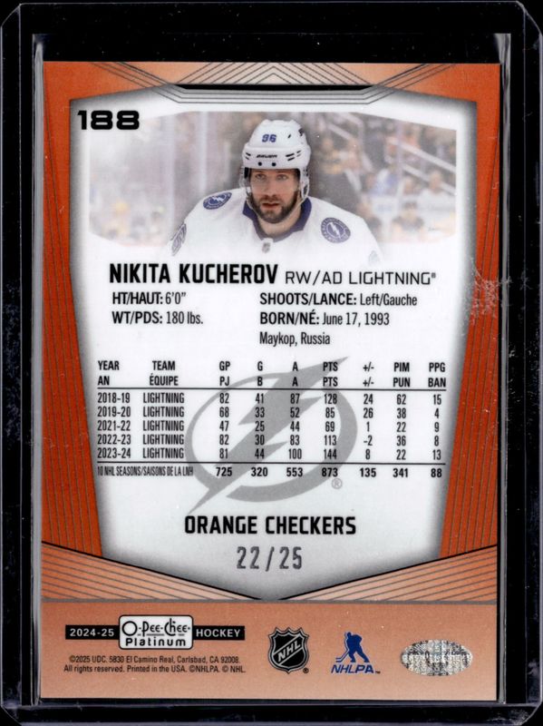 Nikita Kucherov 2024 O-Pee-Chee Platinum #188 Orange Checkers /25 RAW