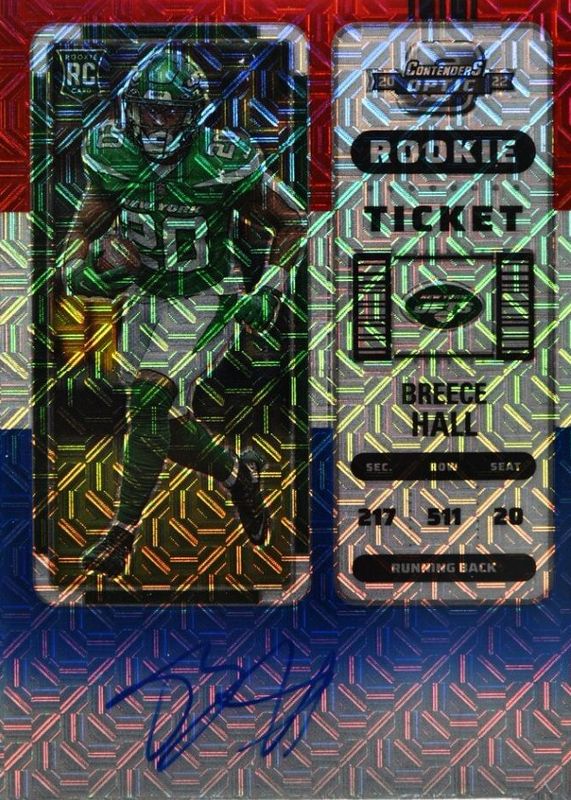 Breece Hall 2022 Contenders Optic #105 Rookie Ticket Auto - Red White Blue /13 RAW