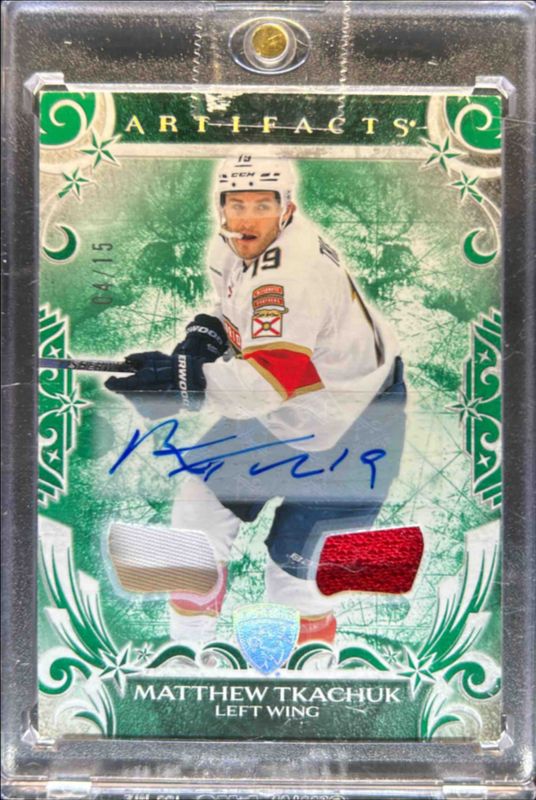 Matthew Tkachuk 2024 Upper Deck Artifacts #126 Auto Material - Emerald /15 RAW