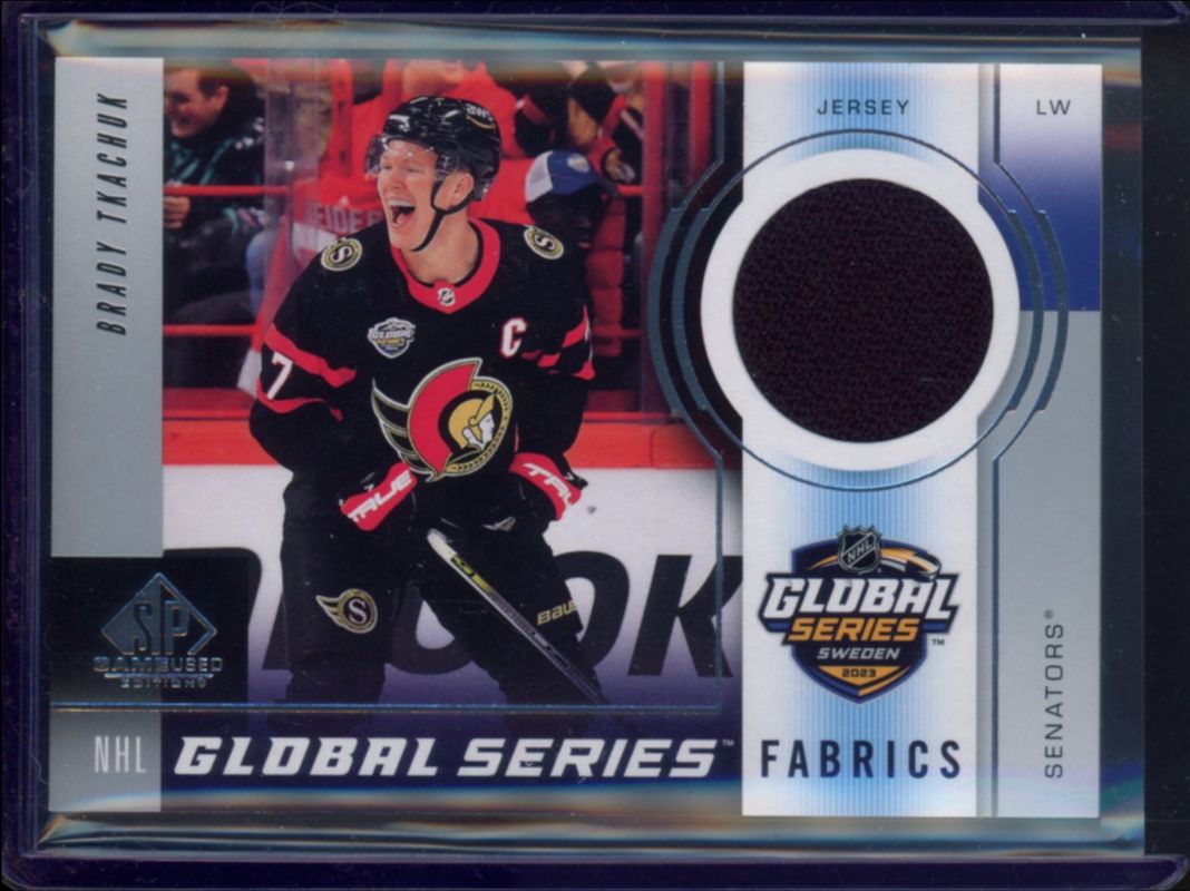Brady Tkachuk 2024 SP Game Used #GSF-BT 2023 Global Series Sweden Fabrics RAW