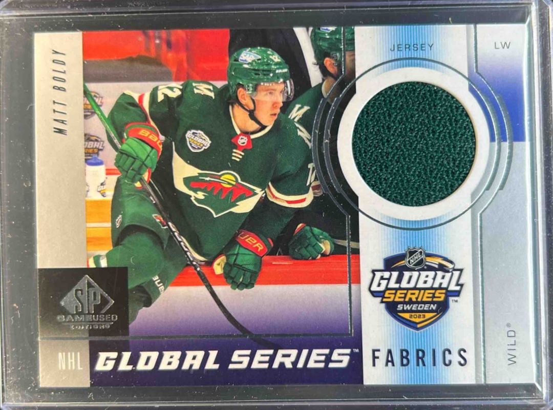 Matt Boldy 2024 SP Game Used #GSF-MB 2023 Global Series Sweden Fabrics RAW