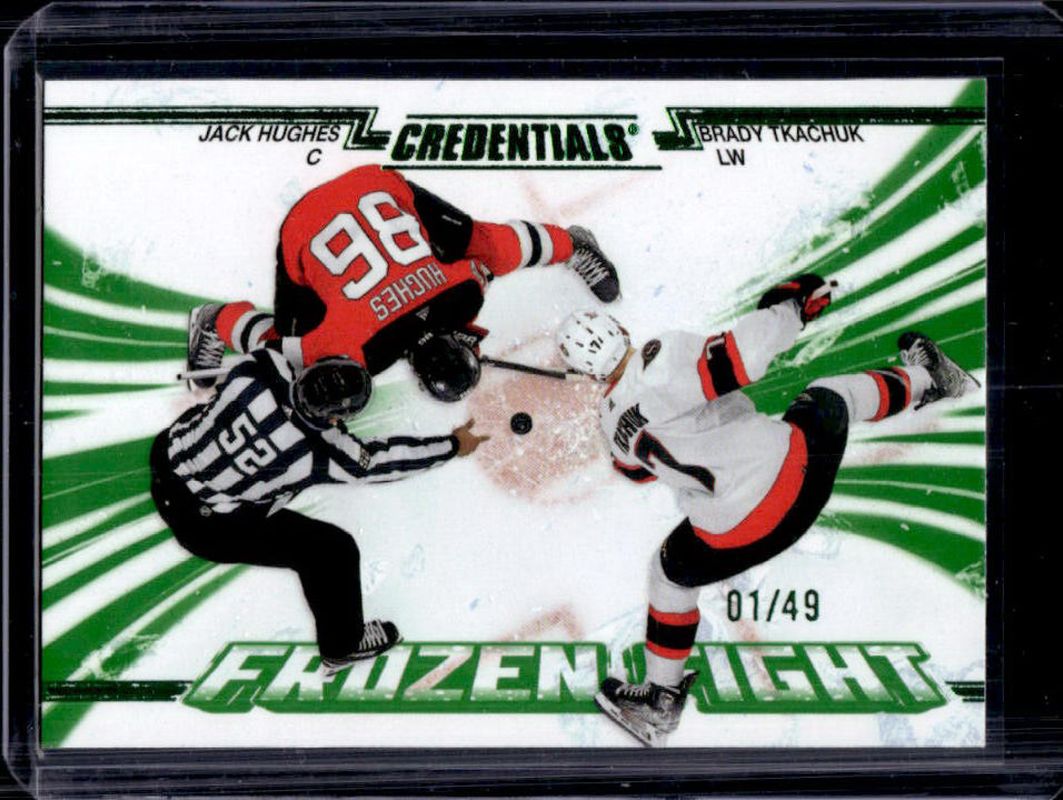 Brady Tkachuk / Jack Hughes 2024 Upper Deck Credentials #FF-HT Frozen Fight - Green /49 RAW