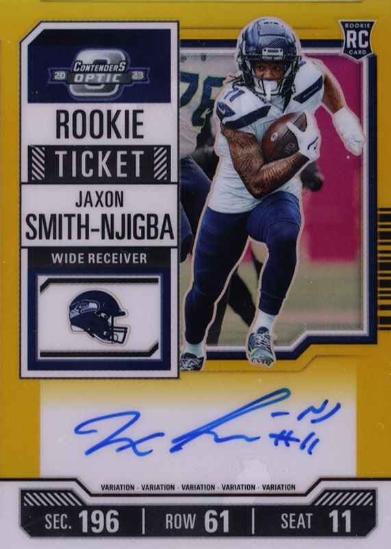 Jaxon Smith-Njigba 2023 Contenders Optic #117 Rookie Ticket Auto Variation - Gold /10 RAW
