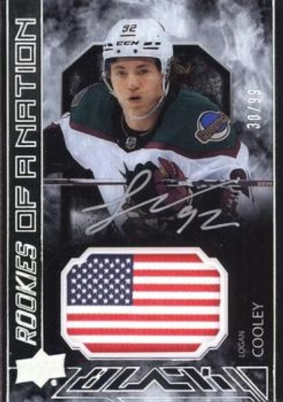 Logan Cooley 2023 SPx #PON-LC UD Black Pride of a Nation - Auto Patch /99 Rookie RAW