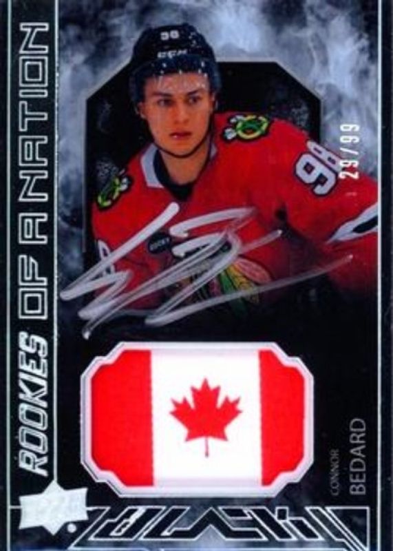 Connor Bedard 2023 SPx #PON-CB UD Black Pride of a Nation - Auto Patch /99 Rookie RAW