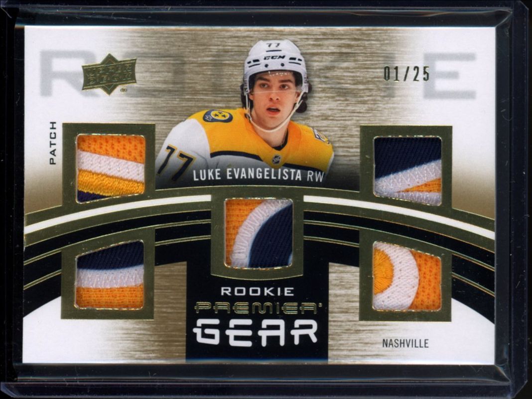 Luke Evangelista 2023 Upper Deck Premier #PGR-LE Premier Gear Rookies - Patch /25 RAW