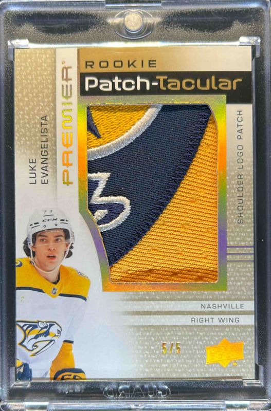 Luke Evangelista 2023 Upper Deck Premier #RPT-LE Rookie Patch-Taculars Shoulder Logos - Gold /5 RAW