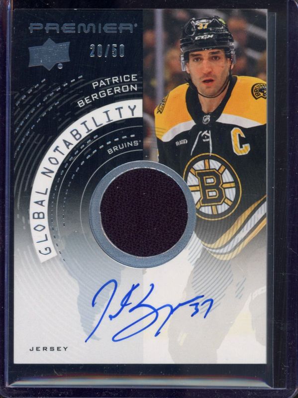 Patrice Bergeron 2023 Upper Deck Premier #GNA-PB Global Notability Auto Jersey /50 RAW