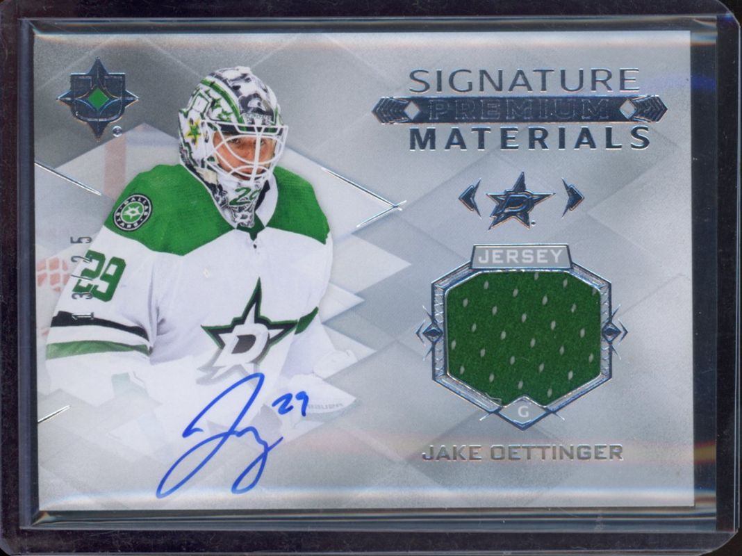 Jake Oettinger 2023 Upper Deck Ultimate Collection #UMS-JO Signatures Materials - Jersey /99 RAW
