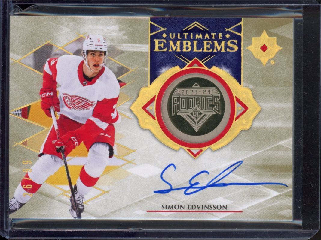 Simon Edvinsson 2023 Ultimate Collection #UE-SE Ultimate Emblems - Gold Auto /25 Rookie RAW