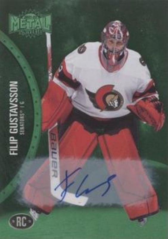 Filip Gustavsson 2021 Metal Universe #159 Autographs Green /10 Rookie RAW