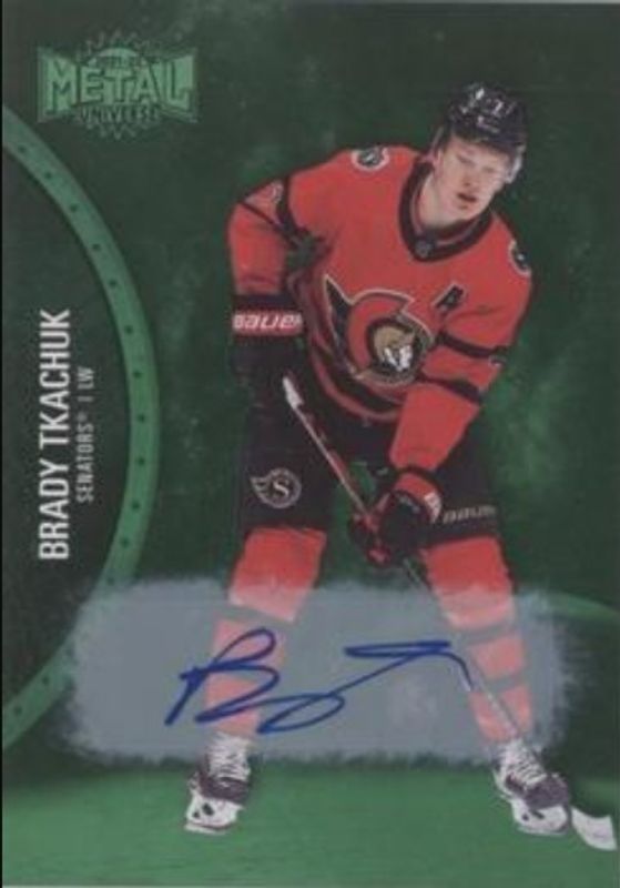 Brady Tkachuk 2021 Metal Universe #115 Autographs Green /10 RAW
