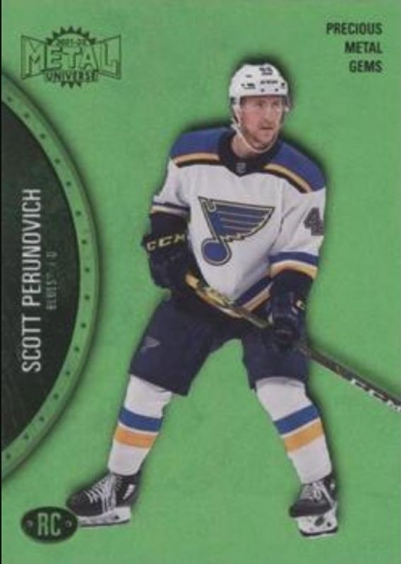 Scott Perunovich 2021 Metal Universe #171 Precious Metal Gems Green /100 Rookie RAW