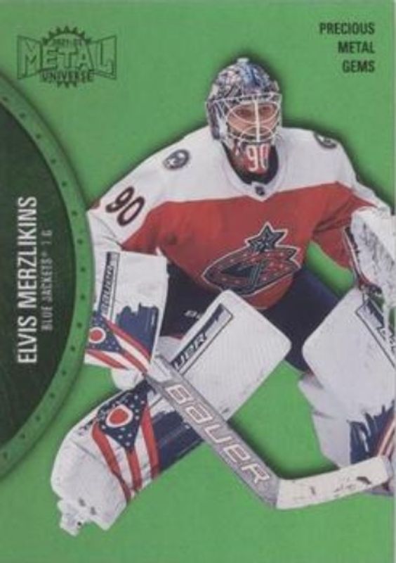 Elvis Merzlikins 2021 Metal Universe #133 Precious Metal Gems Green /100 RAW