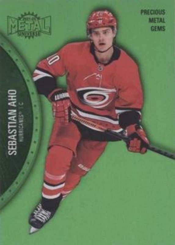 Sebastian Aho 2021 Metal Universe #11 Precious Metal Gems Green /100 RAW