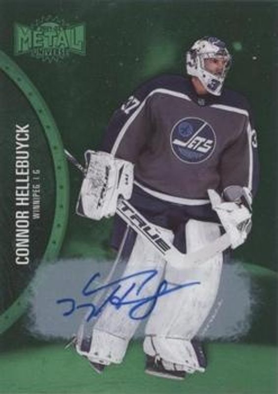 Connor Hellebuyck 2021 Metal Universe #104 Autographs Green /10 RAW