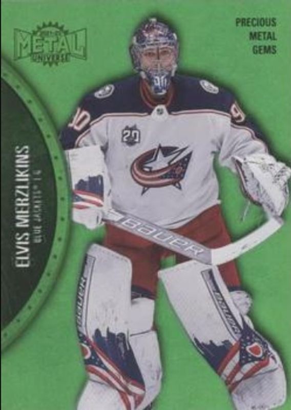 Elvis Merzlikins 2021 Metal Universe #44 Precious Metal Gems Green /100 RAW