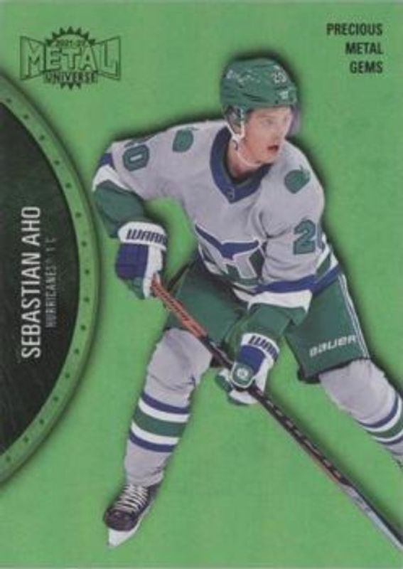 Sebastian Aho 2021 Metal Universe #110 Precious Metal Gems Green /100 RAW