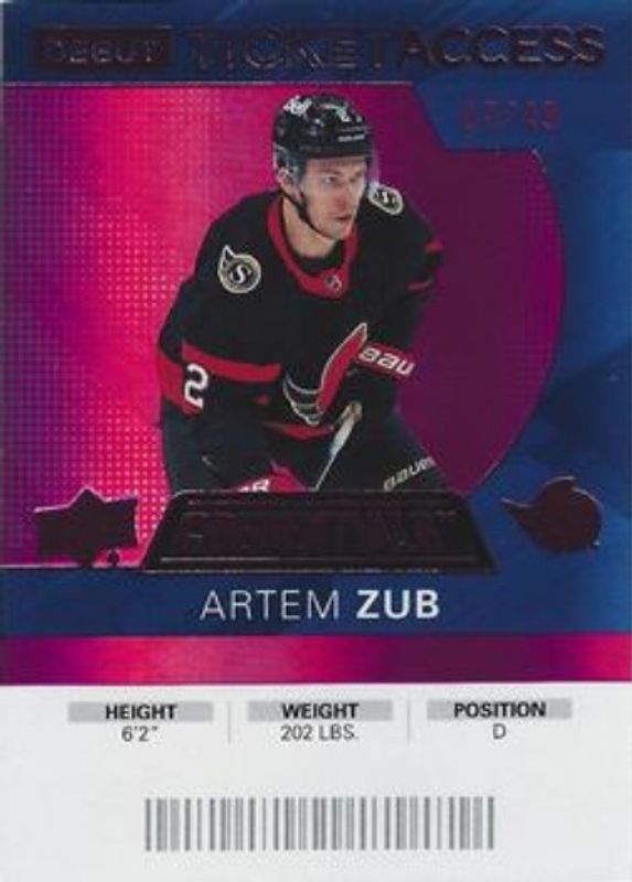 Artem Zub 2021 Upper Deck Credentials #67 2020 Debut Ticket Access - Pink /49 RAW