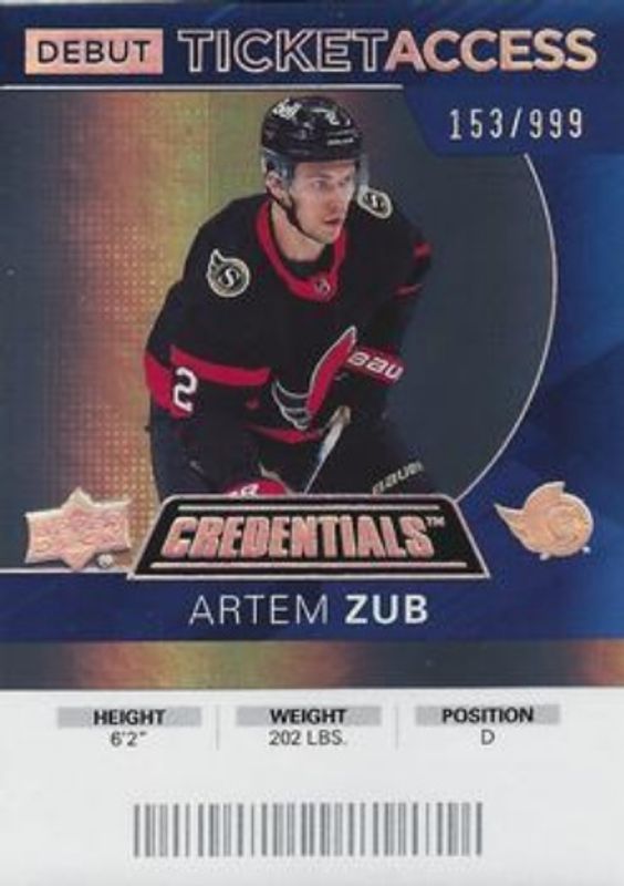 Artem Zub 2021 Upper Deck Credentials #67 2020 Debut Ticket Access /999 RAW