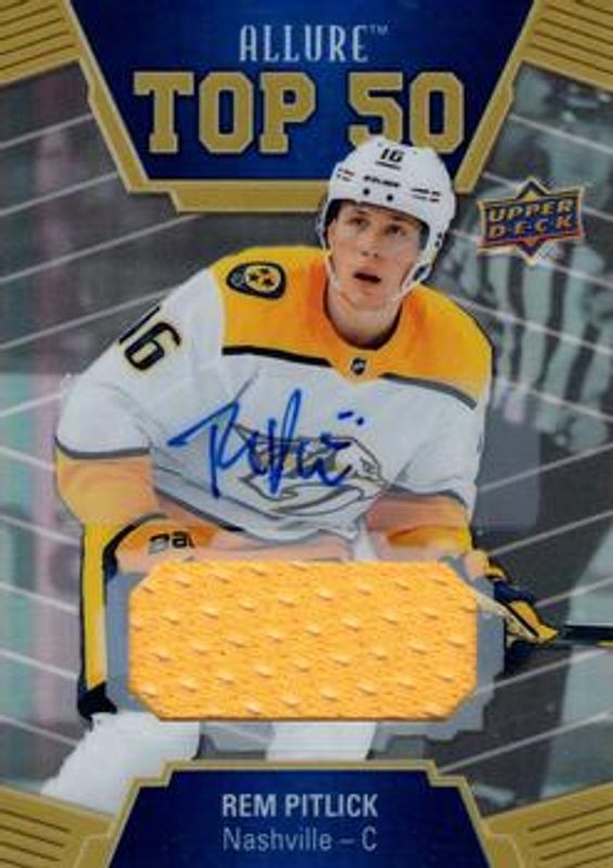 Rem Pitlick 2019 Upper Deck Allure #T50-28 Top 50 Autographs Jersey Relics /25 Rookie RAW