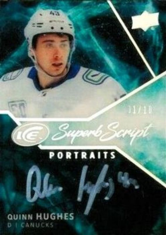 Quinn Hughes 2019 Upper Deck Ice #SS-QH Superb Script Portraits /15 Rookie RAW
