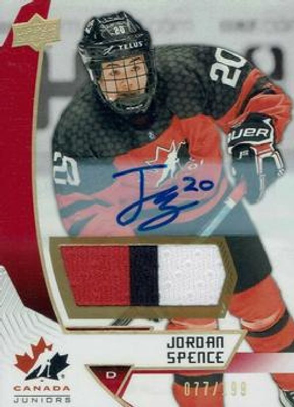 Jordan Spence 2019 Upper Deck Team Canada Juniors #81 Premium Swatch Autographs /199 RAW