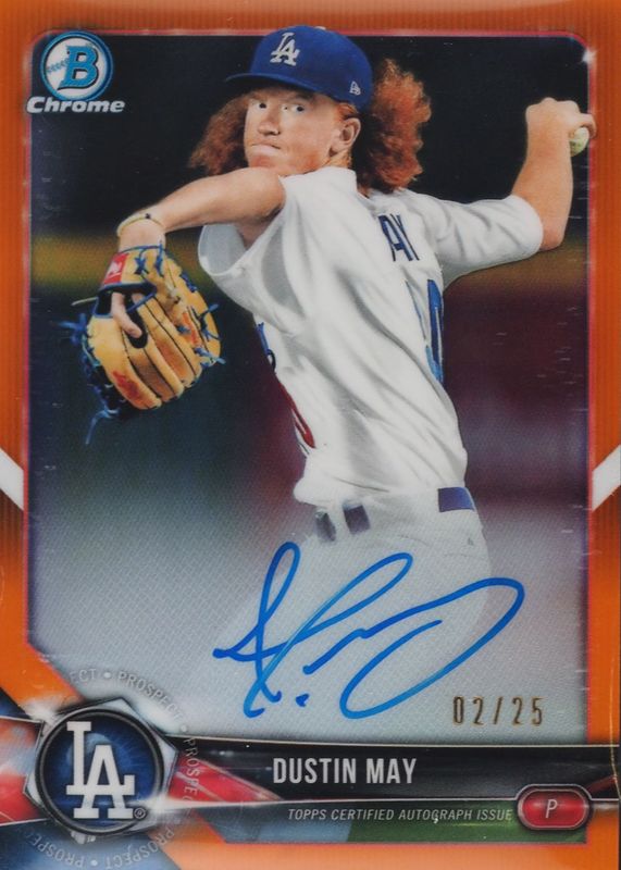 Dustin May 2018 Bowman Chrome #BCPA-DM Prospect Auto - Orange Refractor /25 RAW