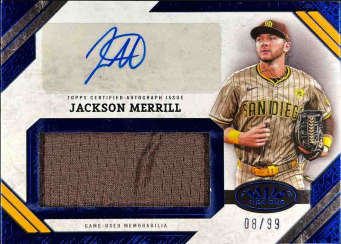 Jackson Merrill 2025 Topps Tier One #AJR-JM Autographed Tier One Jumbo Relics - Blue /70 RAW