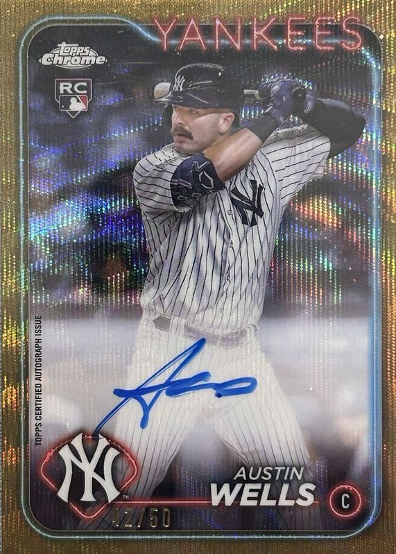 Austin Wells 2024 Topps Chrome #RA-AW Rookie Autographs - Gold Wave Refractor /50 RAW