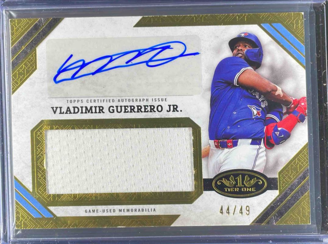 Aaron Judge / Bobby Witt Jr. / Vladimir Guerrero Jr. 2025 Topps Tier One #AJR-VG Autographed Tier One Jumbo Relics /49 RAW
