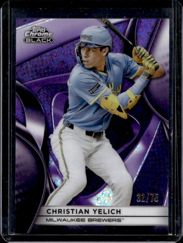 Christian Yelich 2025 Topps Chrome Black #114 Purple Mini Diamond Refractor /75 RAW