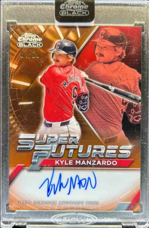 Kyle Manzardo 2025 Topps Chrome Black #FSA-KM Super Futures Autographs - Orange Refractor /25 RAW