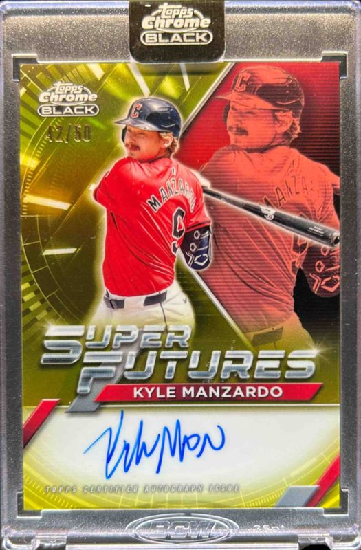 Kyle Manzardo 2025 Topps Chrome Black #FSA-KM Super Futures Autographs - Gold Refractor /50 RAW