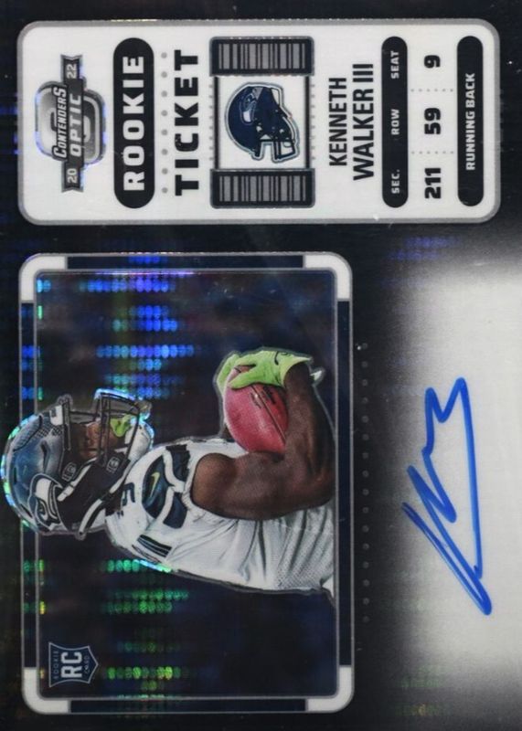 Kenneth Walker III 2022 Contenders Optic #126 Rookie Ticket Auto - Black Pulsar /8 RAW