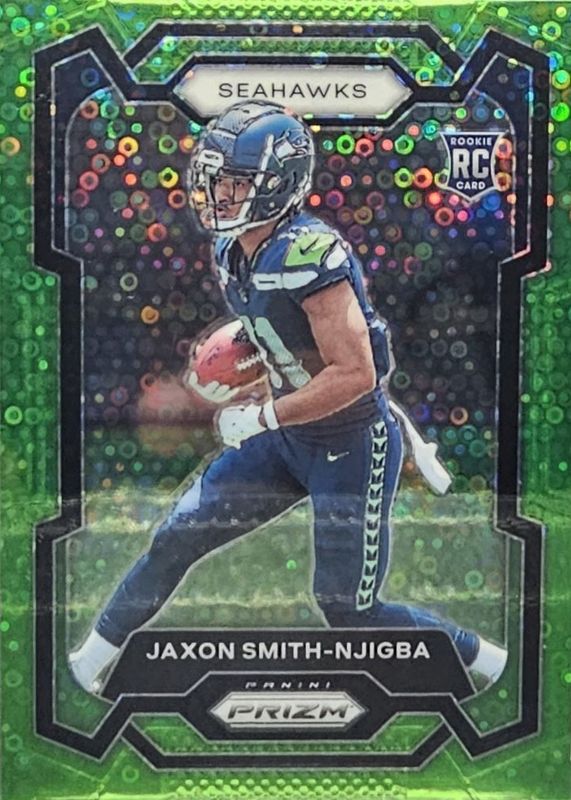 Jaxon Smith-Njigba 2023 Prizm #390 No Huddle Neon Green /5 Rookie RAW