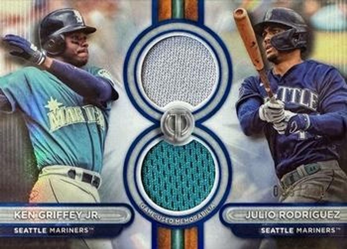 Julio Rodriguez / Ken Griffey Jr. 2024 Topps Tribute #DR2-GR Dual Relics Dual Player - Blue /150 RAW