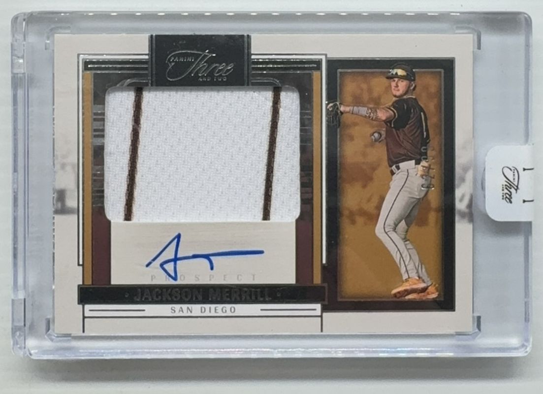 Jackson Merrill 2024 Panini Three and Two #PJA-JM Prospect Jersey Autographs /99 Rookie RAW