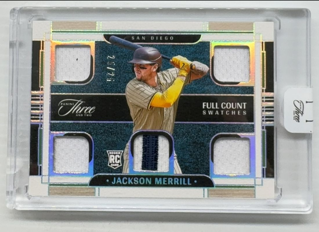 Jackson Merrill 2024 Panini Three and Two #FCS-JM Full Count Swatches - Holo Silver /25 Rookie RAW