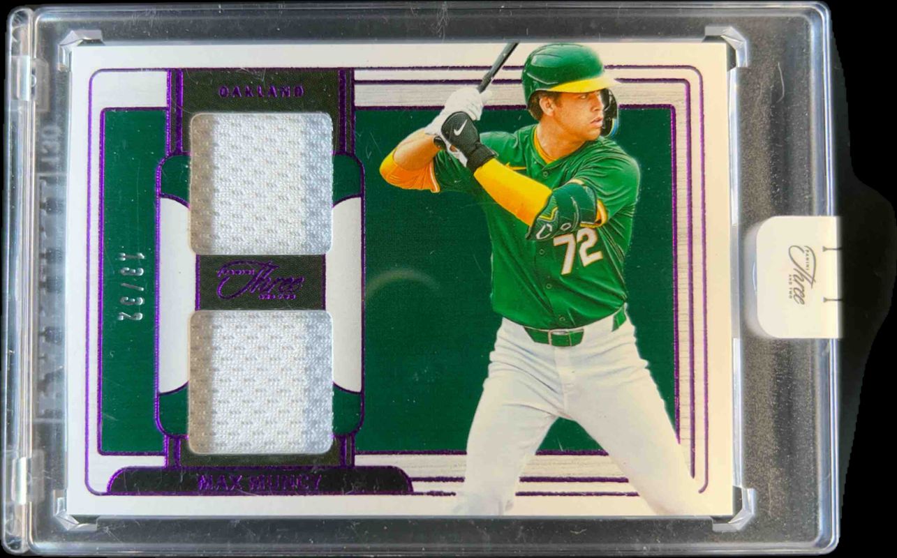 Max Muncy (Athletics) 2024 Panini Three and Two #PDJ-MM Prospect Dual Jerseys - Full Count /32 RAW
