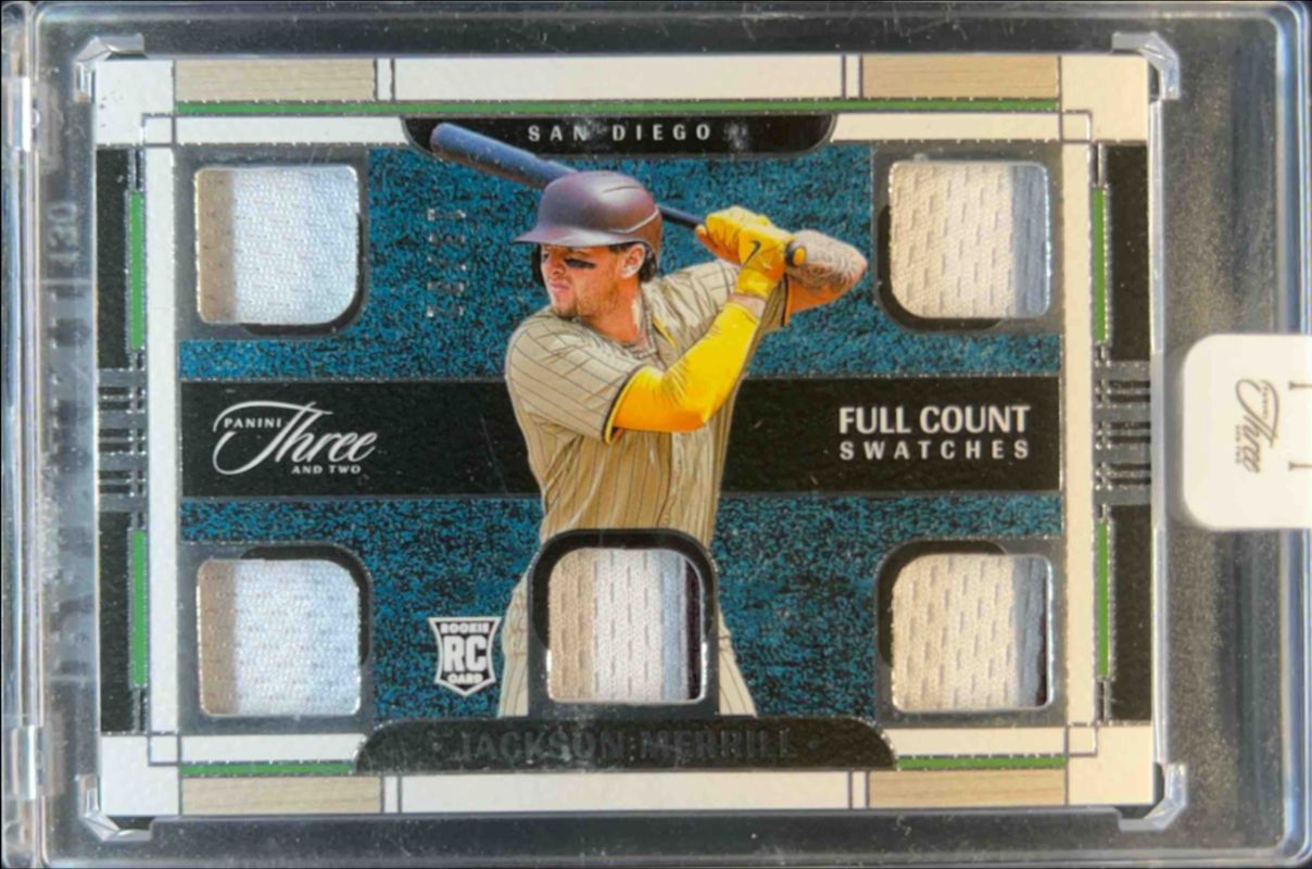 Jackson Merrill 2024 Panini Three and Two #FCS-JM Full Count Swatches /32 Rookie RAW