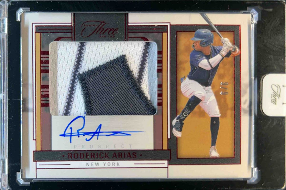 Roderick Arias 2024 Panini Three and Two #PJA-RA Prospect Jersey Autographs - Red FOTL /6 RAW
