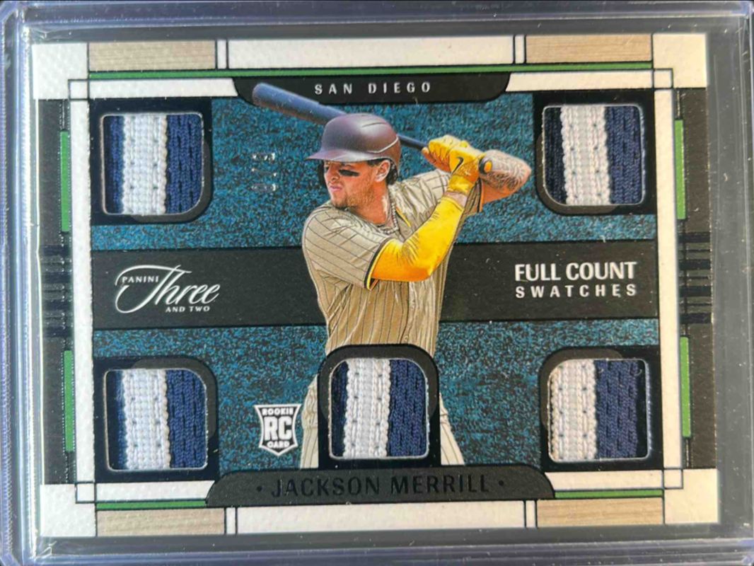 Jackson Merrill 2024 Panini Three and Two #FCS-JM Full Count Swatches - Black /8 Rookie RAW