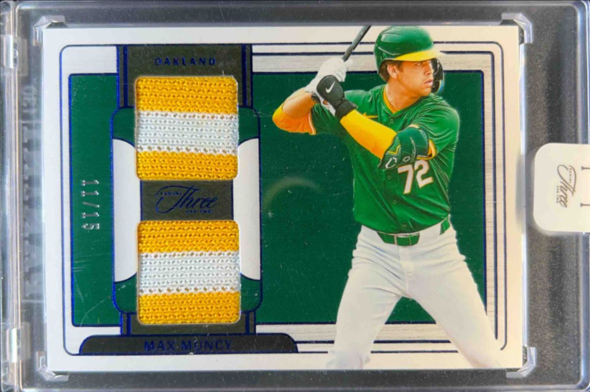 Max Muncy (Athletics) 2024 Panini Three and Two #PDJ-MM Prospect Dual Jerseys - Blue /15 RAW