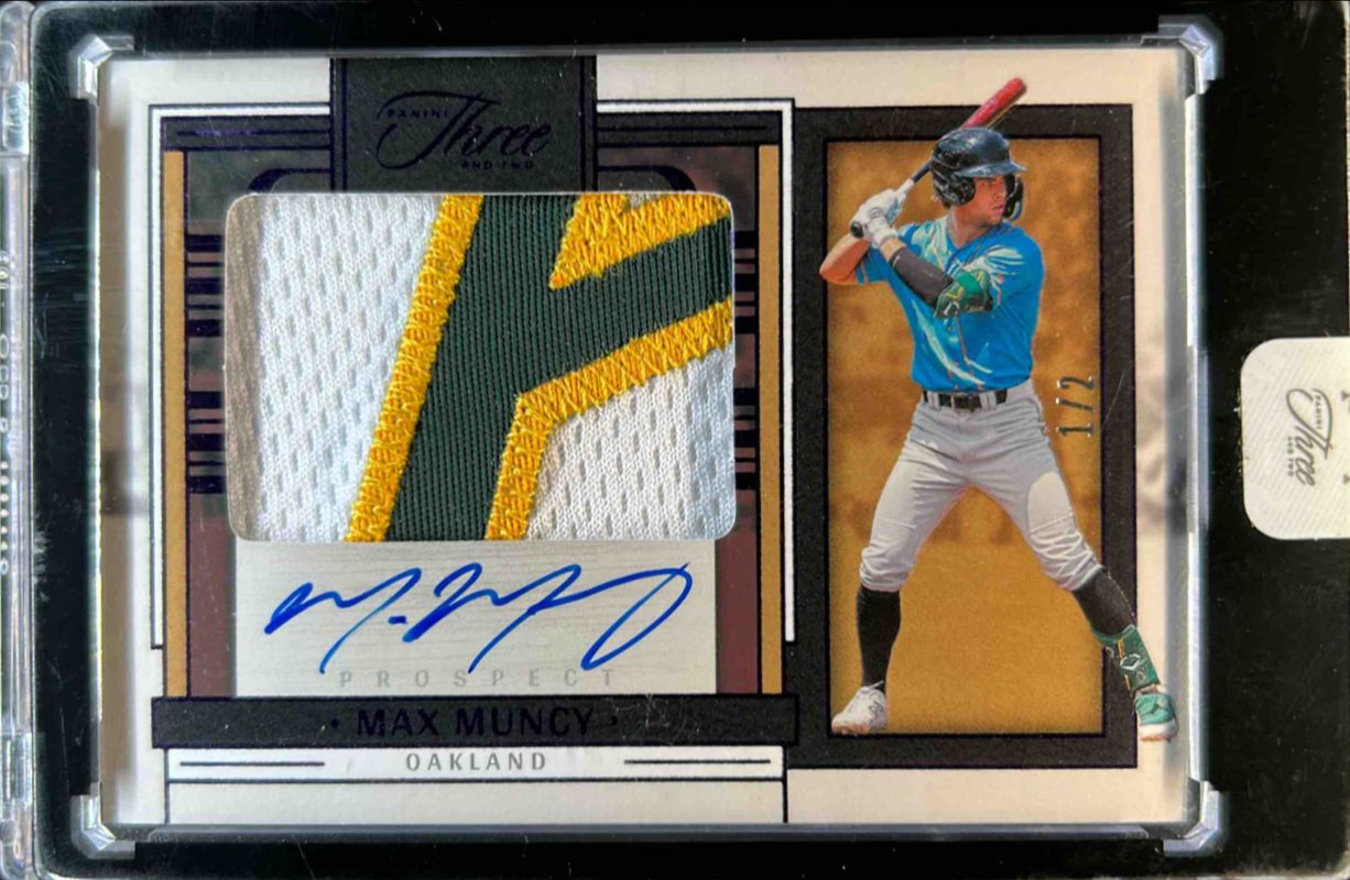 Max Muncy (Athletics) 2024 Panini Three and Two #PJA-MM Prospect Jersey Autographs - Two Strikes /2 RAW