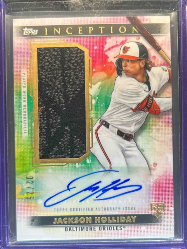Jackson Holliday 2024 Topps Inception #AGSR-JH Autographed Game Sock Relic Card /25 Rookie RAW
